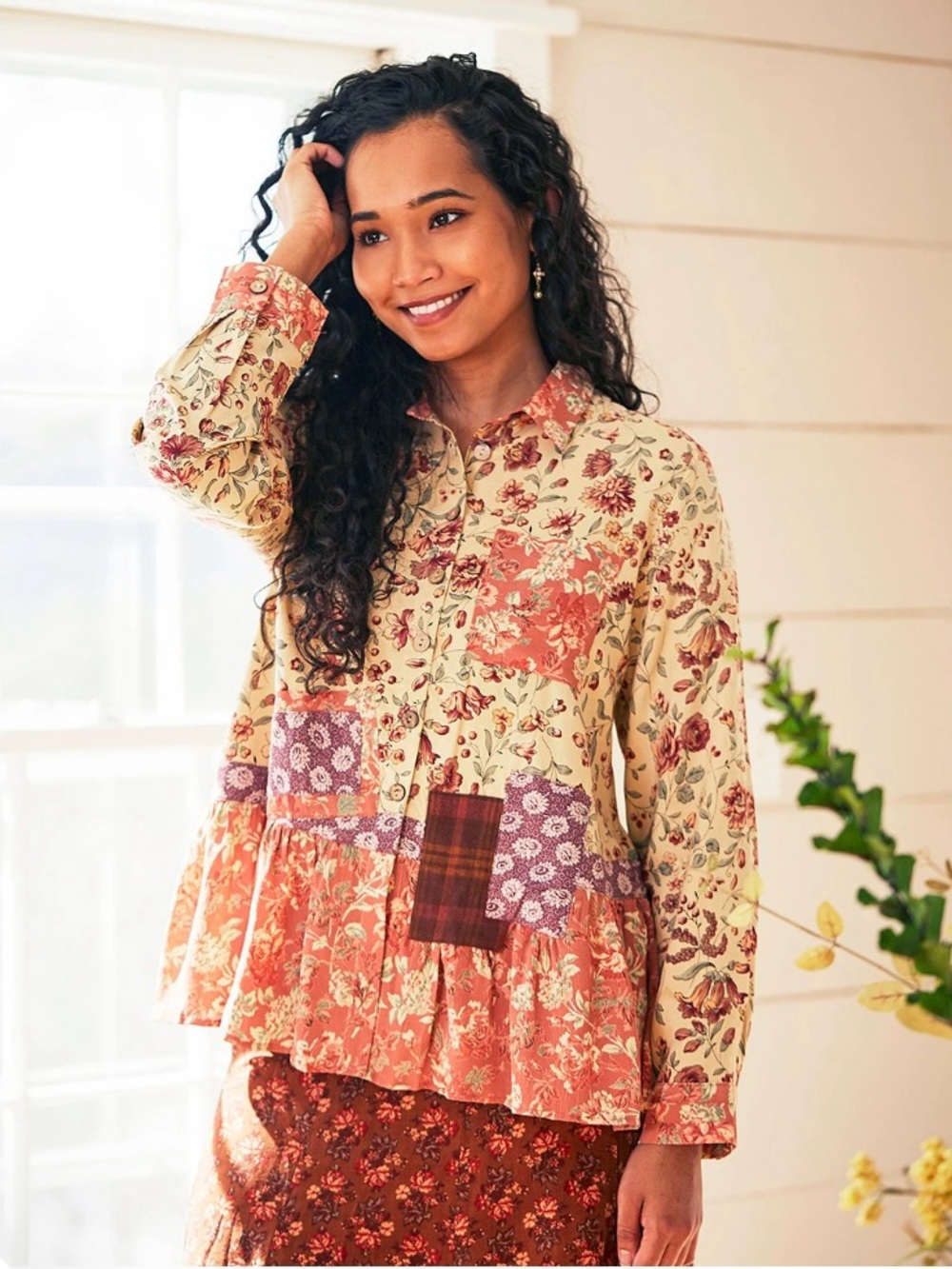 April Cornell Patchwork Floral Button-Up Peplum Tunic Blouse